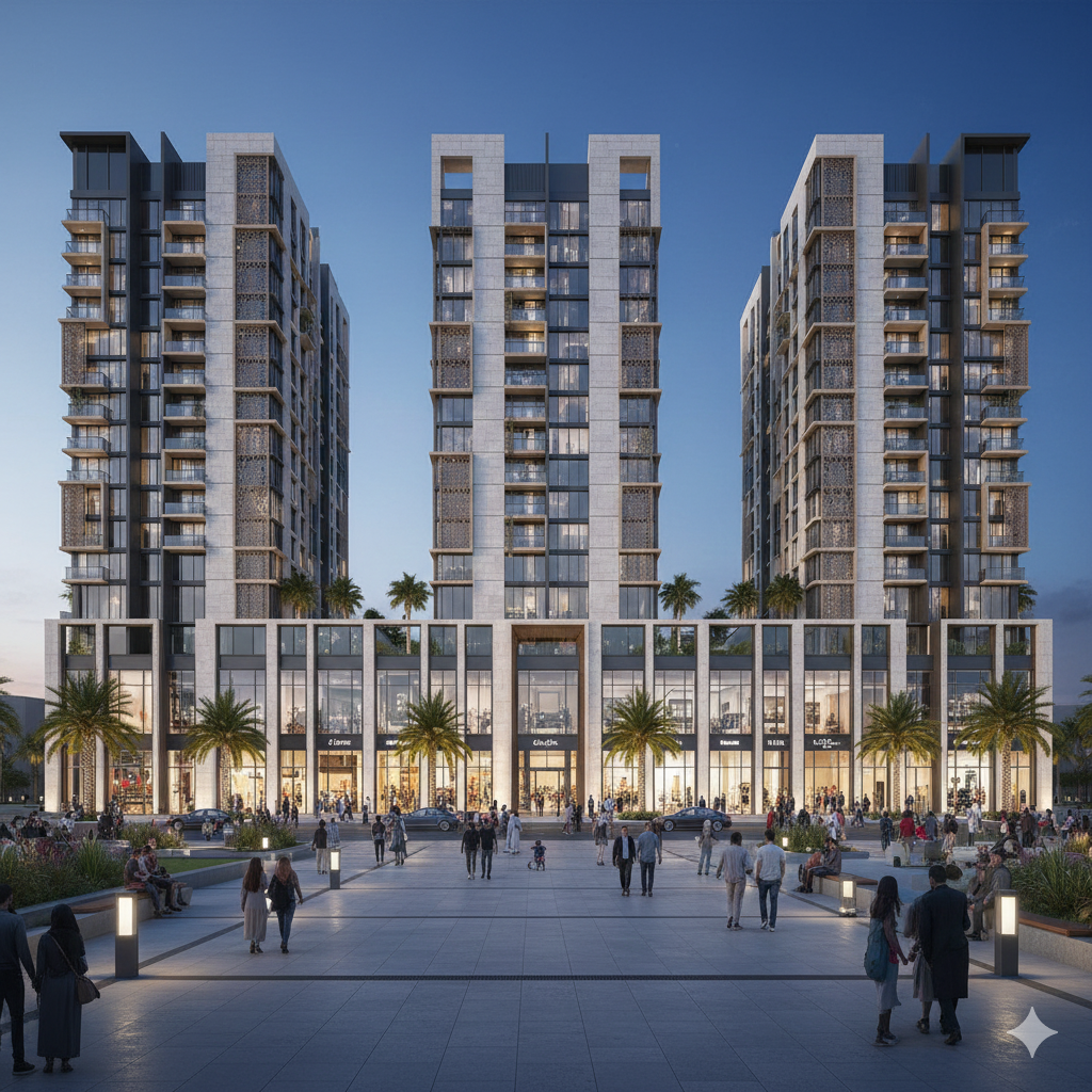 واجهة مبنى سكني حديث تعكس جودة المشاريع التي توفرها أفضل شركة عقارية في جدة ومكة. 