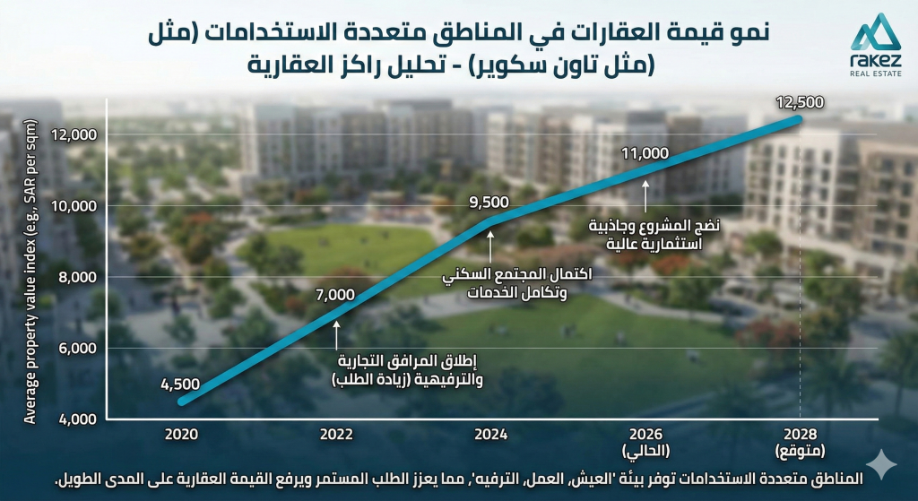 تحليل بياني يوضح ارتفاع قيمة العقارات في المناطق متعددة الاستخدامات مثل تاون سكوير