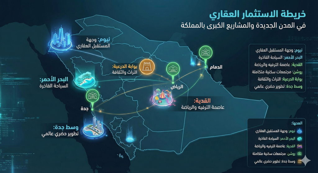 خريطة توضح مواقع المشاريع الكبرى ووجهات الاستثمار العقاري في المدن الجديدة بالمملكة.