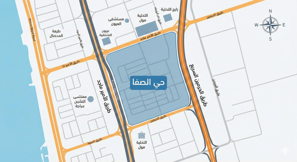 خريطة توضح موقع حي الصفا الاستراتيجي بين طريق الحرمين وطريق الأمير ماجد.