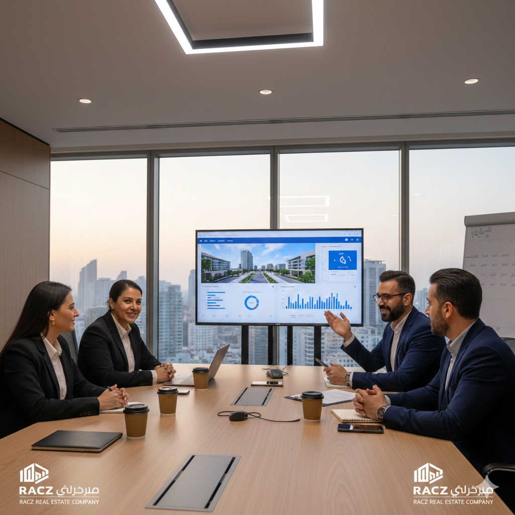 فريق عمل شركة راكز العقارية أثناء جلسة استشارية مع مستثمرين.