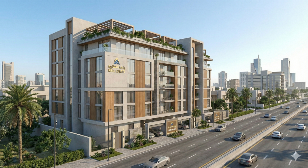 مبنى سكني حديث في حي الحمراء يمثل نمط السكن قرب الدائري الشرقي.