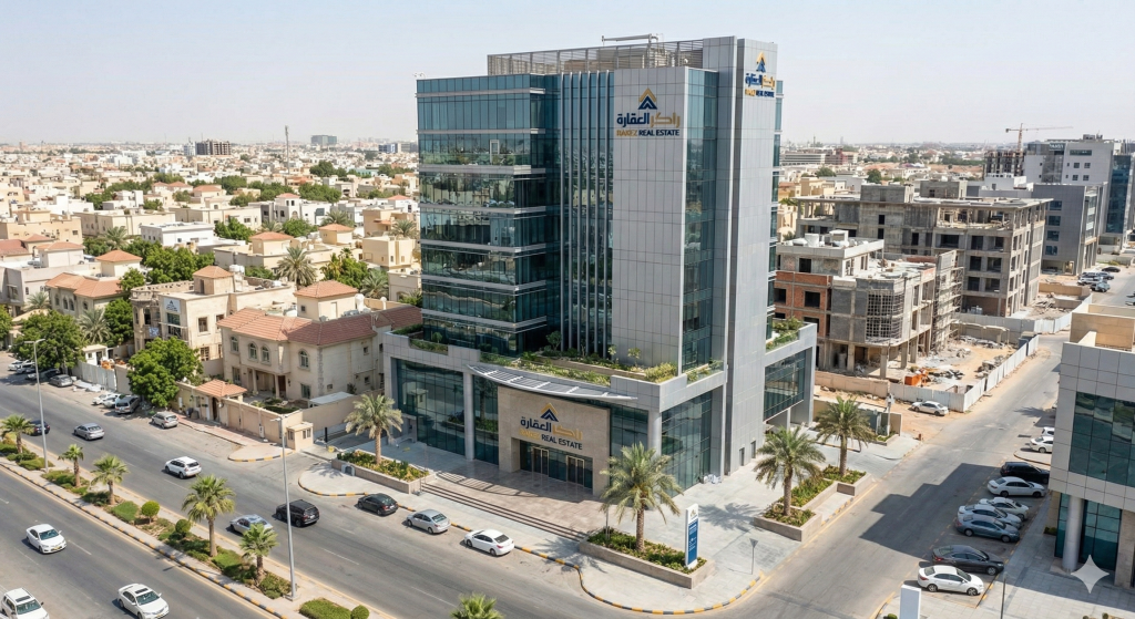 مبنى مكتبي حديث على طريق خريص يمثل التحول التجاري في حي الروضة. - أفضل فرص الاستثمار العقاري في حي الروضة بالرياض