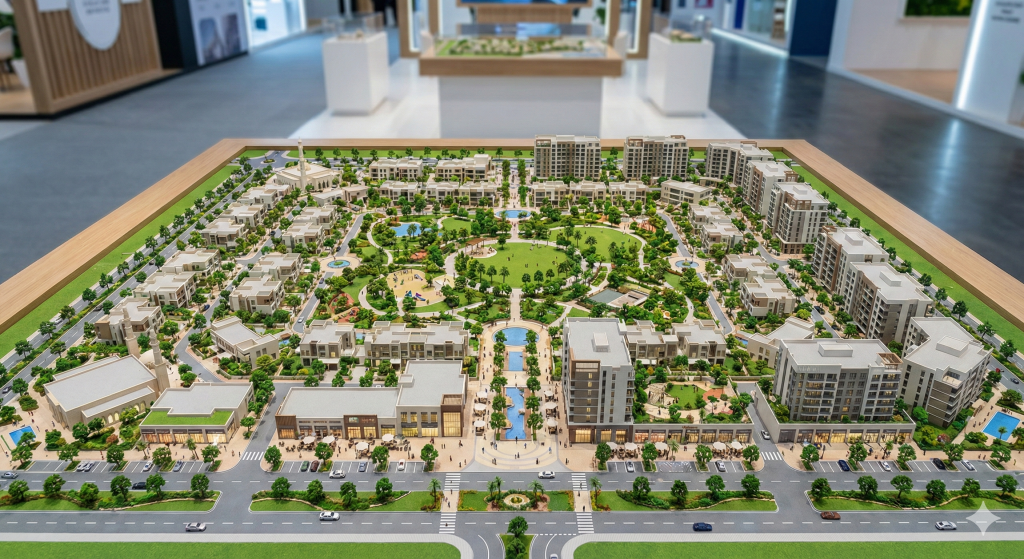 مجسم لمشروع تاون سكوير جدة يوضح المساحات الخضراء والمناطق السكنية - نظرة راكز العقارية على منطقة تاون سكوير, مشروع تاون سكوير جدة, استثمار عقاري جدة 2026, شقق تمليك تاون سكوير, تطوير حي الجامعة