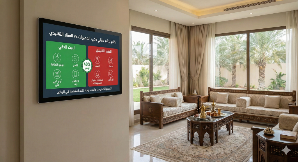 مخطط بياني يوضح الفرق بين البيت الذكي والعقار التقليدي من حيث استهلاك الطاقة.