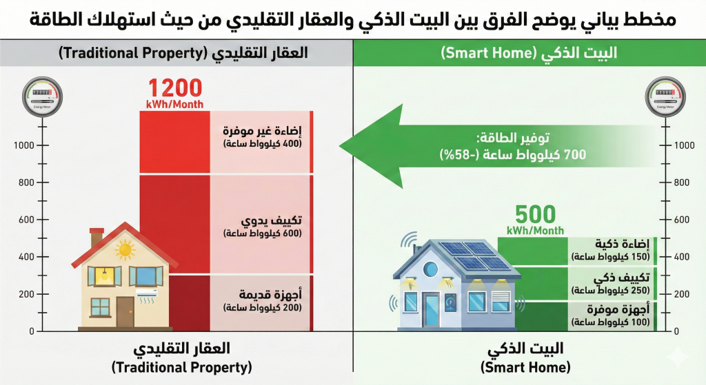 مخطط بياني يوضح الفرق بين البيت الذكي والعقار التقليدي من حيث استهلاك الطاقة.